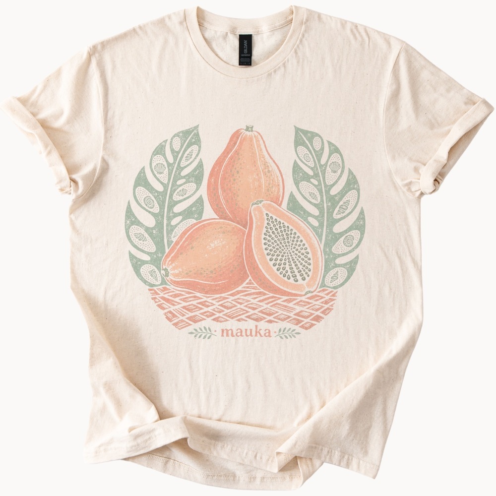 Papaya Botanical Graphic Tee Vintage Woodblock Print Style Natural
